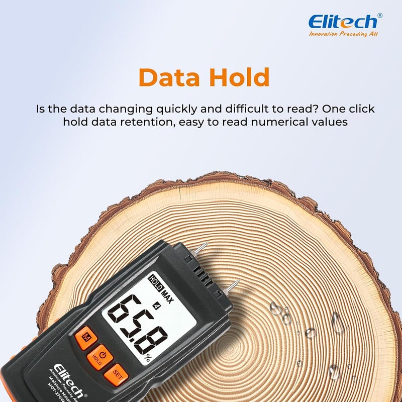Elitech Digital Moisture Meter Water Leak Detector with Pin Probes, Moisture Tester for Wood Floors Walls with 4 Wood & Material Modes, Hold Function, Max/Min Reading MOT-270W - Image 5